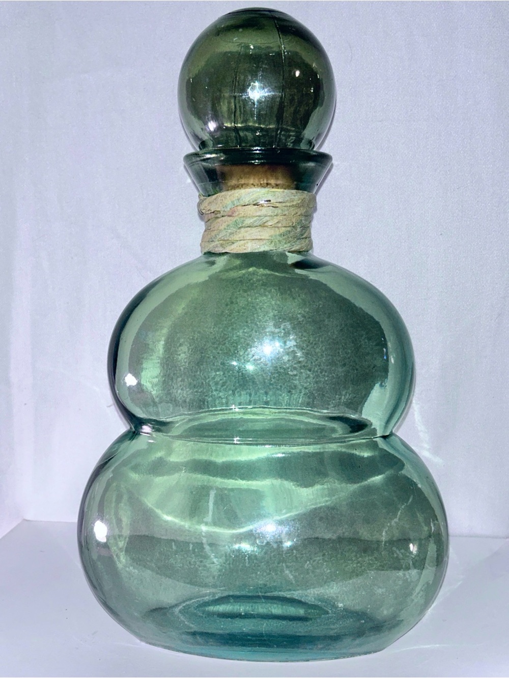 HANDBLOWN Large Green Glass Decorative Bottle with Rope Accent - Made in Spain